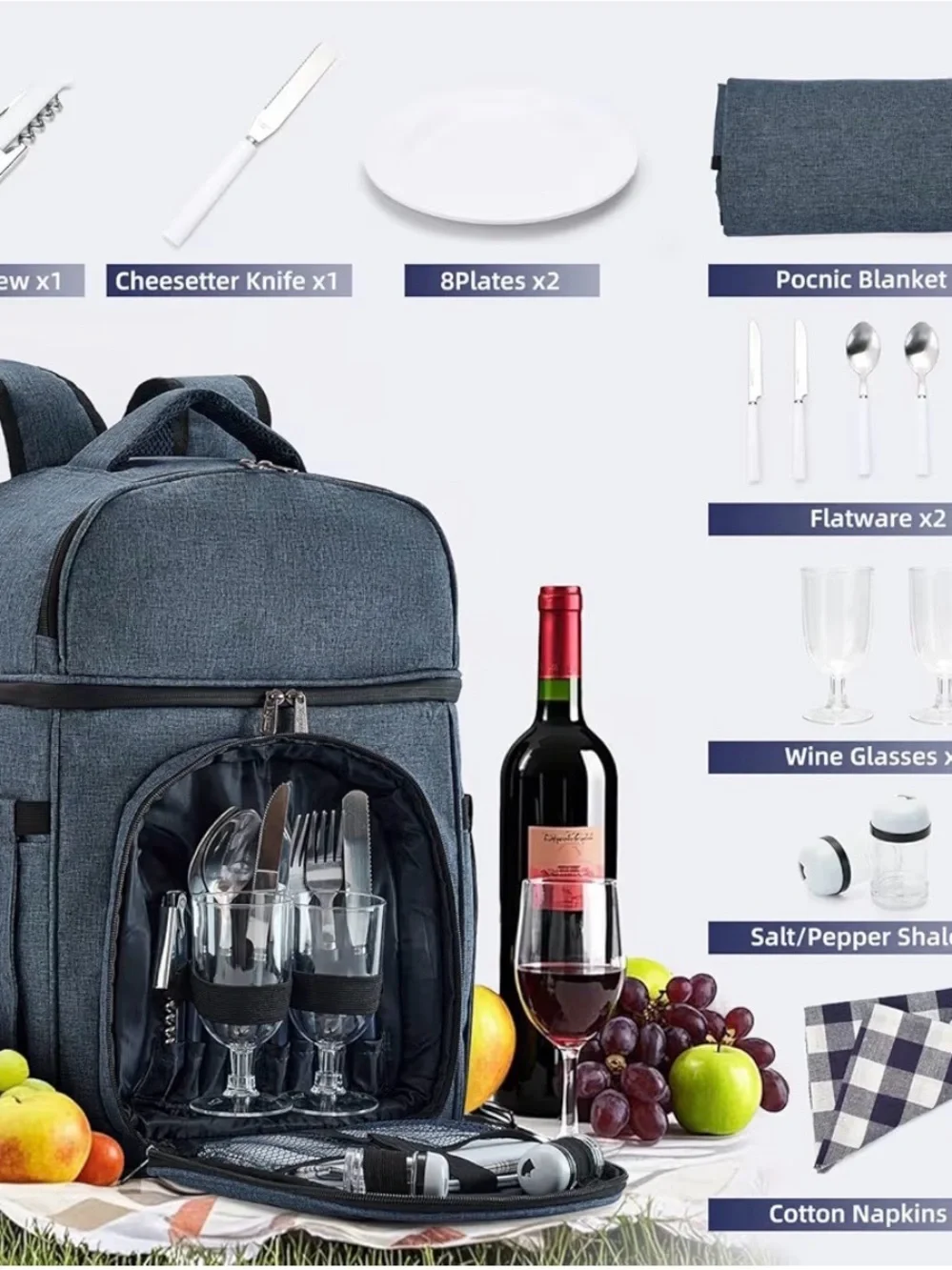 New Vogano Charcoal Gray Picnic Backpack - complete with everything you need!